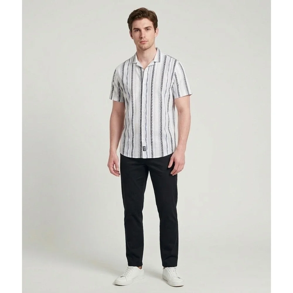 Hollister‎ Mens Short Sleeve Button Down Shirt White Blue Tribal Stripe Large